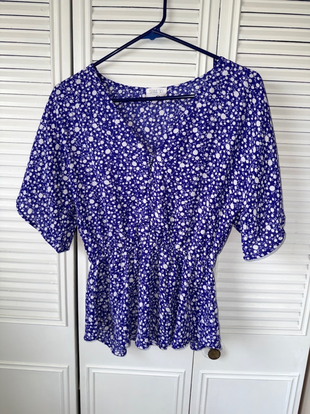 Sienna Sky Royal Blue White Ditsy Peplum Blouse